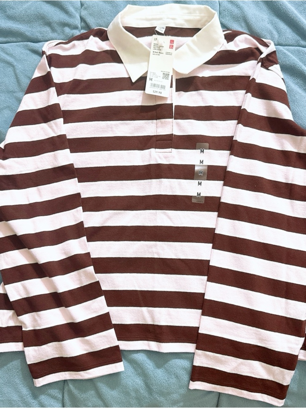 Uniqlo Brown & White Striped Long-Sleeve Polo